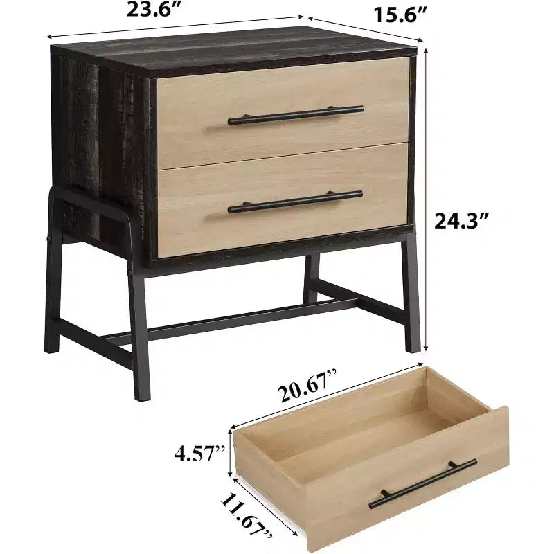 DobleePy Table de Chevet de Ferme Marron Foncé 24", Table d'Appoint en Bois Clair à 2 Tiroirs avec Pieds en Métal, Table de Chevet pour Chambre ou Salon