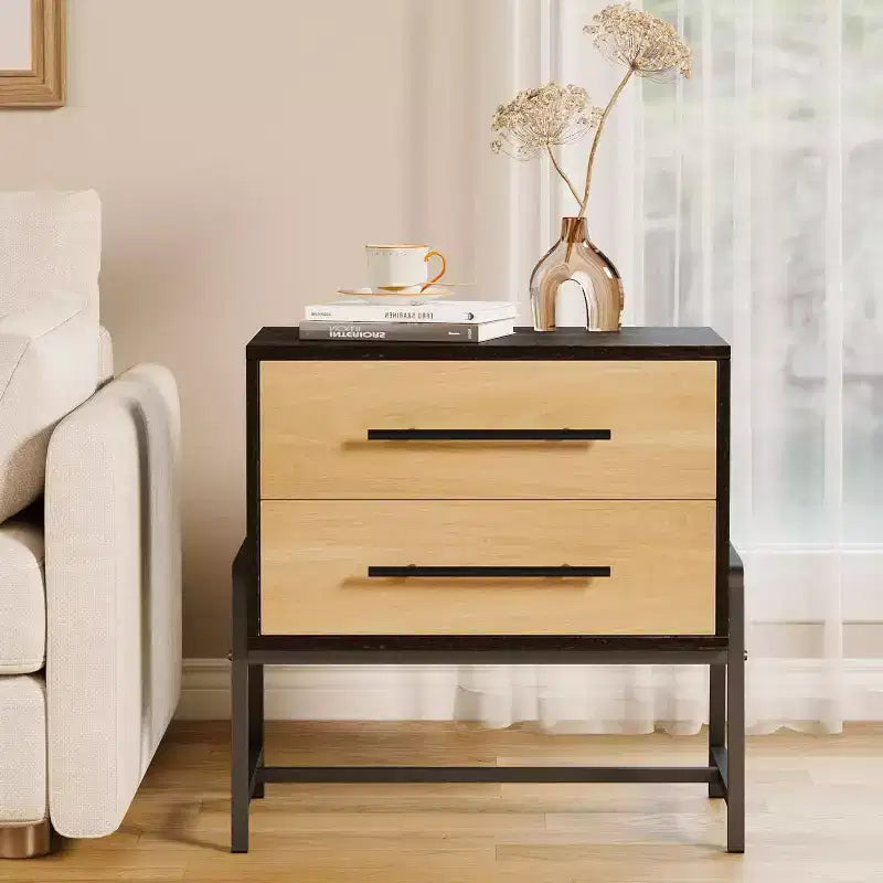DobleePy Table de Chevet de Ferme Marron Foncé 24", Table d'Appoint en Bois Clair à 2 Tiroirs avec Pieds en Métal, Table de Chevet pour Chambre ou Salon