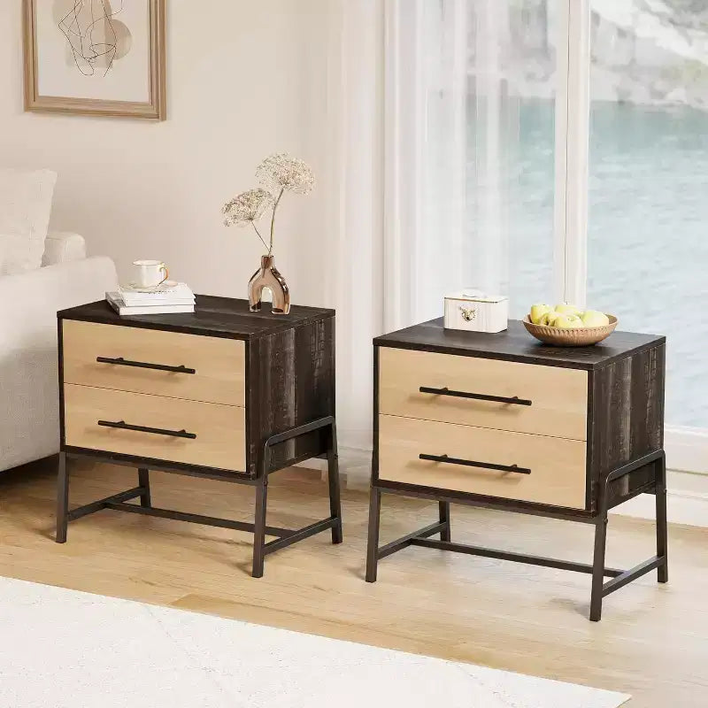 DobleePy Table de Chevet de Ferme Marron Foncé 24", Table d'Appoint en Bois Clair à 2 Tiroirs avec Pieds en Métal, Table de Chevet pour Chambre ou Salon
