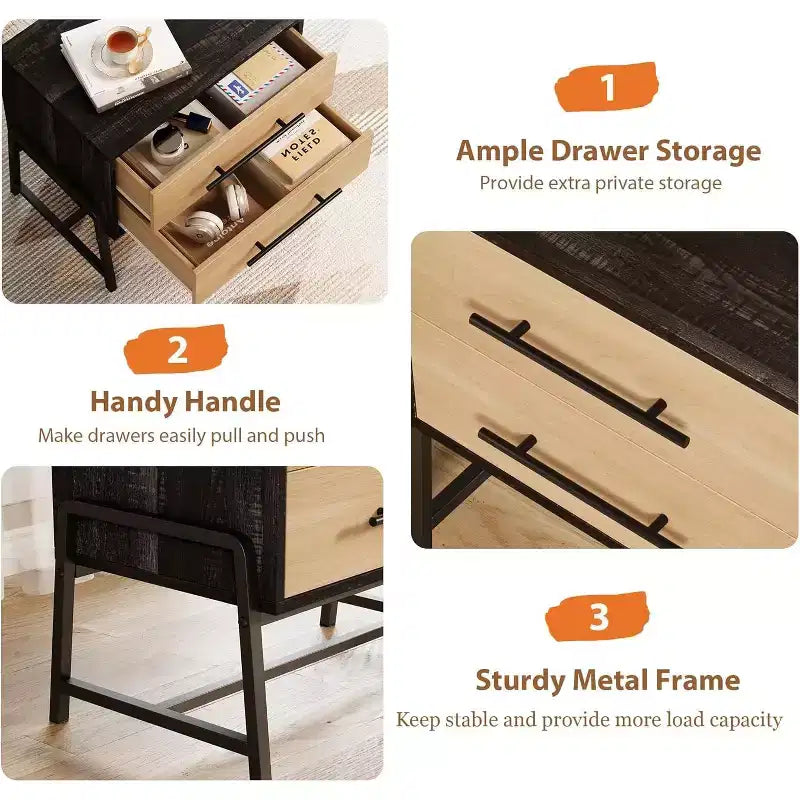 DobleePy Table de Chevet de Ferme Marron Foncé 24", Table d'Appoint en Bois Clair à 2 Tiroirs avec Pieds en Métal, Table de Chevet pour Chambre ou Salon