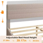Cadre de lit rembourré VINGLI avec tête de lit réglable en bouclette, lit plateforme confortable à profil bas avec lattes en bois, crème, silencieux, beige