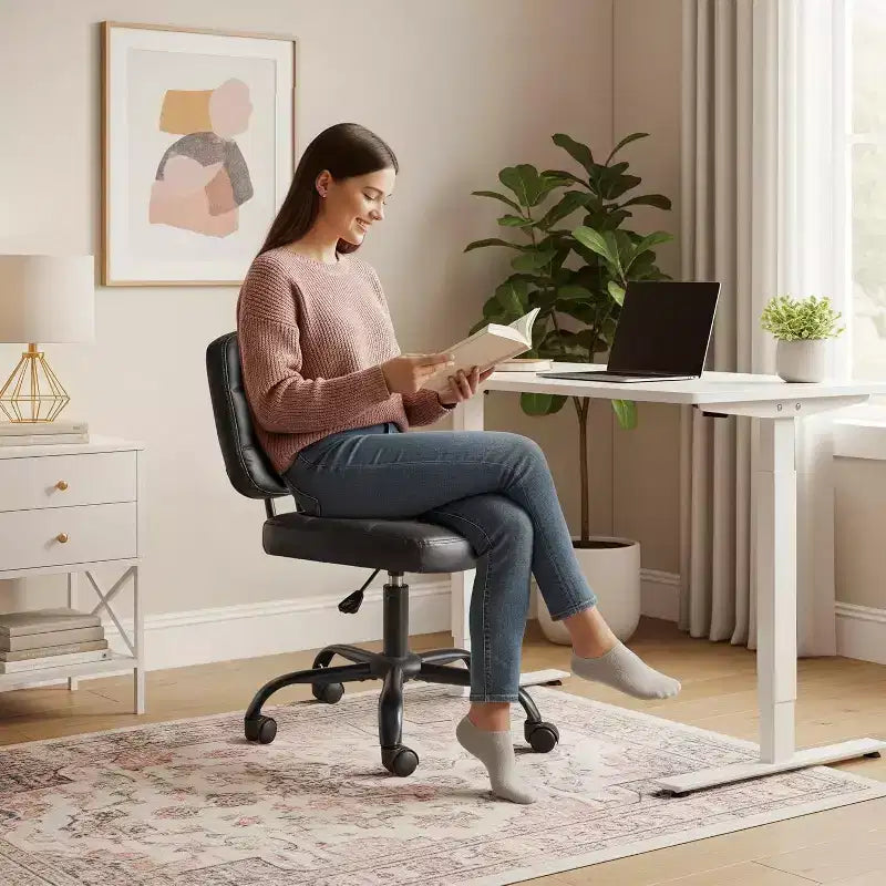 VINGLI Chaise de bureau compacte et petite, jolie chaise de coiffeuse sans accoudoirs avec roulettes, dossier bas, chaise de travail réglable en hauteur pour petits espaces, en cuir PU