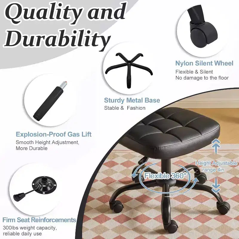 VINGLI Chaise de bureau compacte et petite, jolie chaise de coiffeuse sans accoudoirs avec roulettes, dossier bas, chaise de travail réglable en hauteur pour petits espaces, en cuir PU
