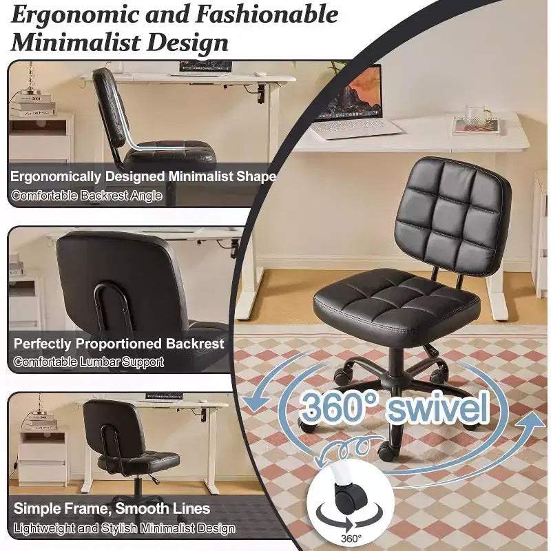 VINGLI Chaise de bureau compacte et petite, jolie chaise de coiffeuse sans accoudoirs avec roulettes, dossier bas, chaise de travail réglable en hauteur pour petits espaces, en cuir PU
