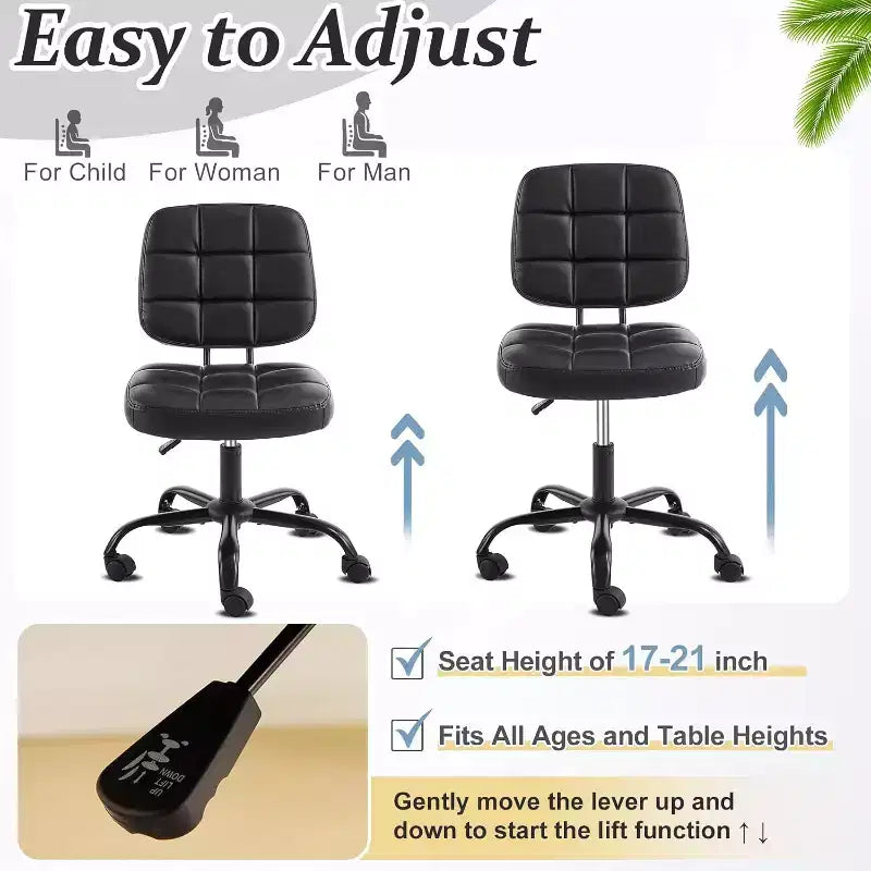 VINGLI Chaise de bureau compacte et petite, jolie chaise de coiffeuse sans accoudoirs avec roulettes, dossier bas, chaise de travail réglable en hauteur pour petits espaces, en cuir PU