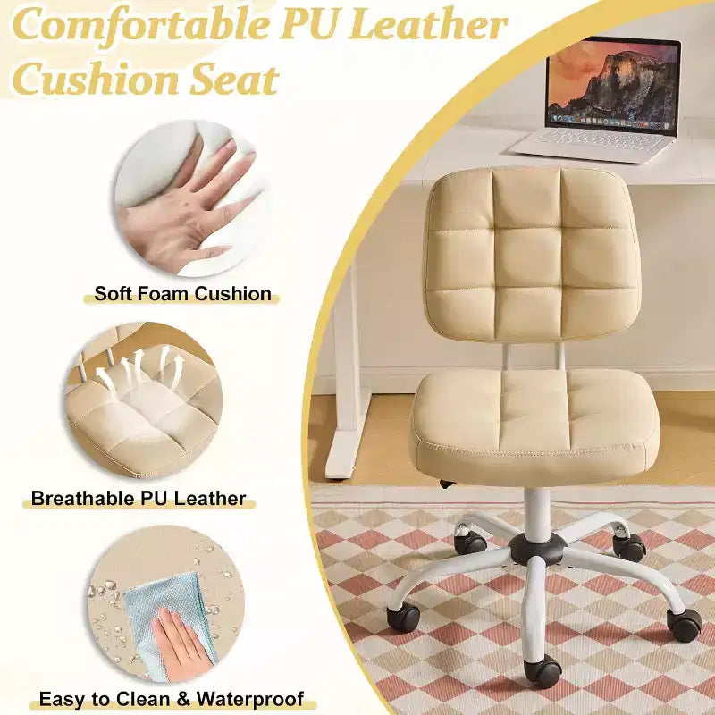 VINGLI Chaise de bureau compacte et petite, jolie chaise de coiffeuse sans accoudoirs avec roulettes, dossier bas, chaise de travail réglable en hauteur pour petits espaces, en cuir PU