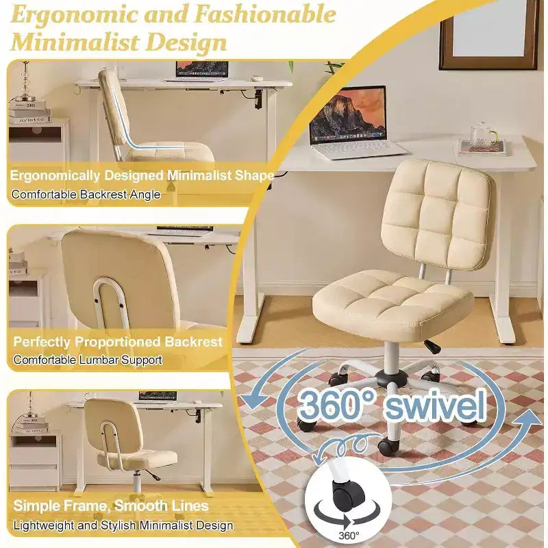 VINGLI Chaise de bureau compacte et petite, jolie chaise de coiffeuse sans accoudoirs avec roulettes, dossier bas, chaise de travail réglable en hauteur pour petits espaces, en cuir PU