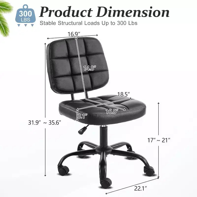 VINGLI Chaise de bureau compacte et petite, jolie chaise de coiffeuse sans accoudoirs avec roulettes, dossier bas, chaise de travail réglable en hauteur pour petits espaces, en cuir PU