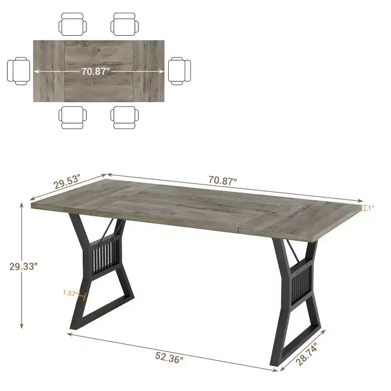 Table de salle à manger de ferme de 70,8 pouces pour 6-8 personnes, table de cuisine rectangulaire en bois avec plateau étanche et pieds en métal pour salle à manger
