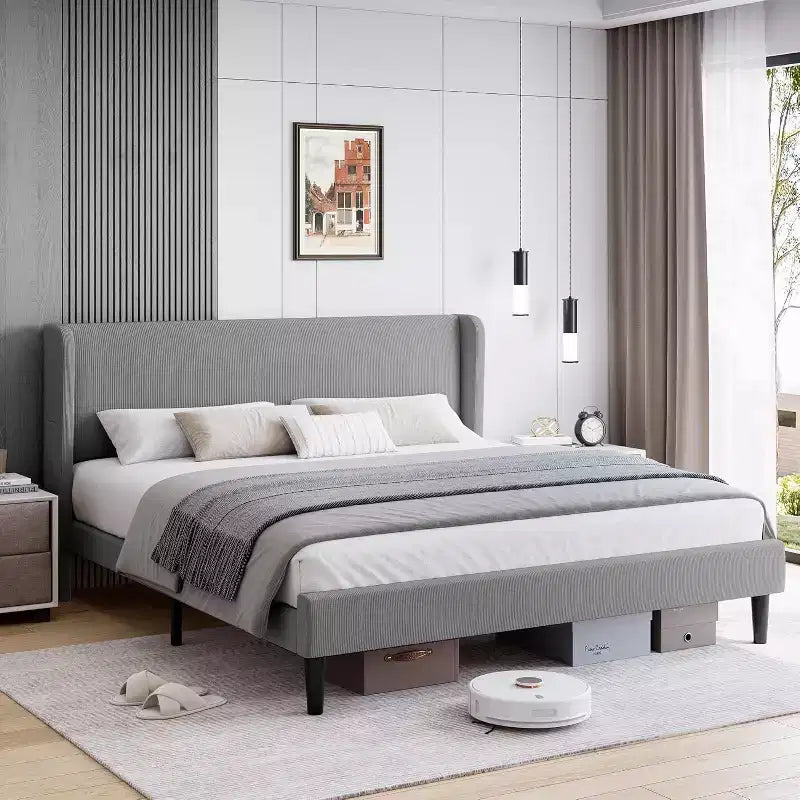 DobleePy Lit rembourré double/king size avec tête de lit, lit plateforme avec lattes en bois, pas besoin de sommier tapissier, assemblage facile