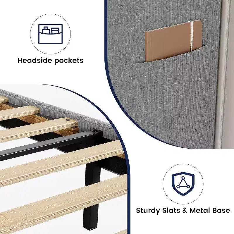 DobleePy Lit rembourré double/king size avec tête de lit, lit plateforme avec lattes en bois, pas besoin de sommier tapissier, assemblage facile