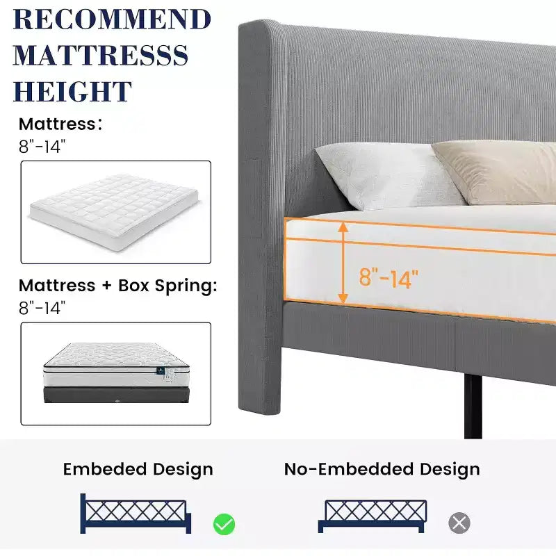 DobleePy Lit rembourré double/king size avec tête de lit, lit plateforme avec lattes en bois, pas besoin de sommier tapissier, assemblage facile