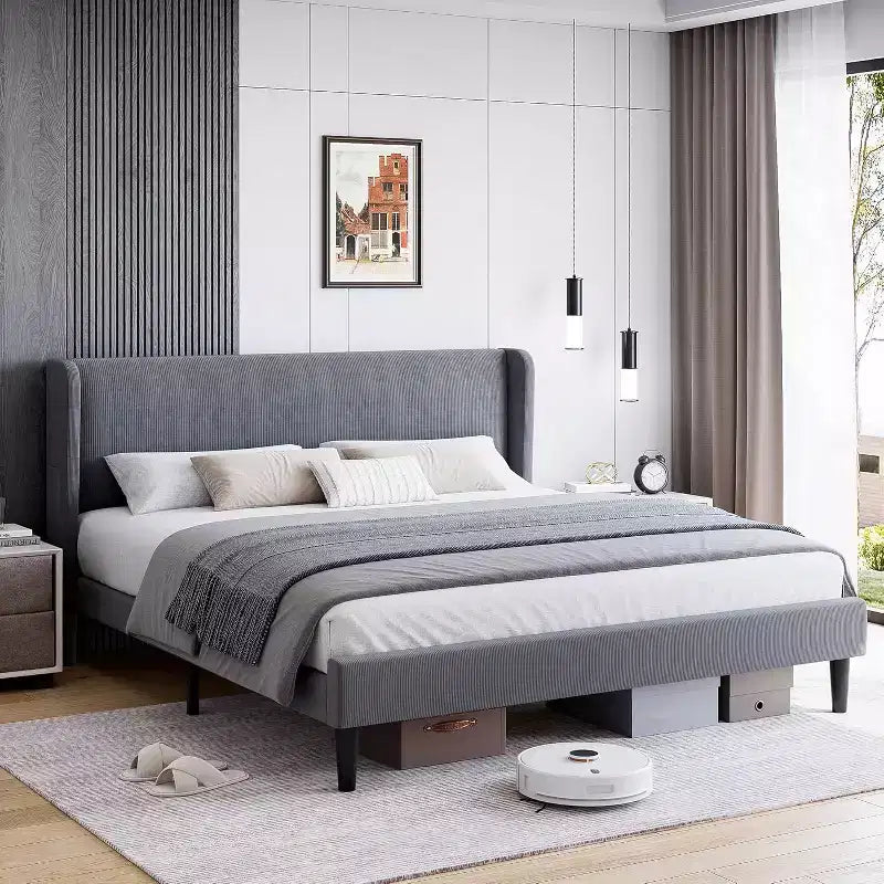 DobleePy Lit rembourré double/king size avec tête de lit, lit plateforme avec lattes en bois, pas besoin de sommier tapissier, assemblage facile