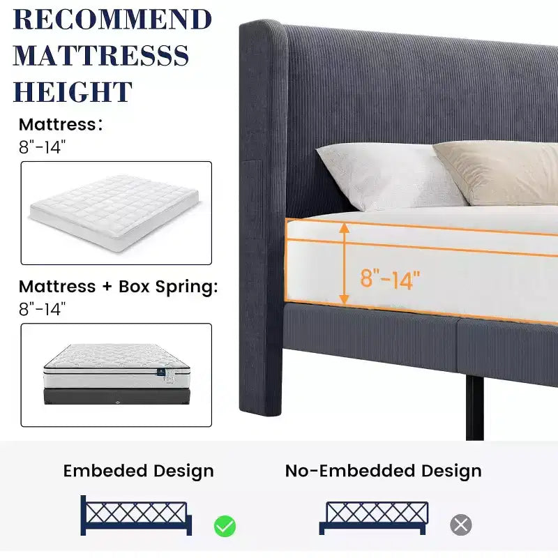 DobleePy Lit rembourré double/king size avec tête de lit, lit plateforme avec lattes en bois, pas besoin de sommier tapissier, assemblage facile