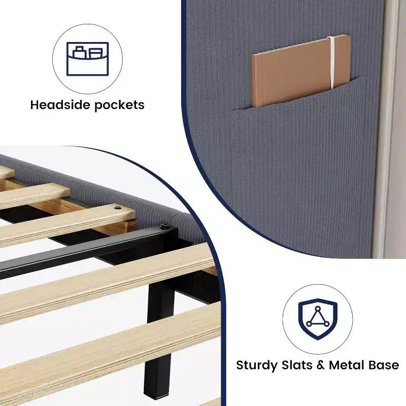 DobleePy Lit rembourré double/king size avec tête de lit, lit plateforme avec lattes en bois, pas besoin de sommier tapissier, assemblage facile