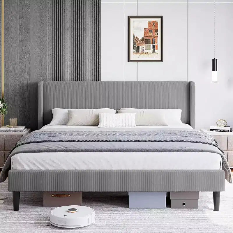 DobleePy Lit rembourré double/king size avec tête de lit, lit plateforme avec lattes en bois, pas besoin de sommier tapissier, assemblage facile
