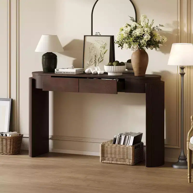 Table d'entrée avec finition grain de bois naturel Console avec design cannelé Plateau ovale et 2 tiroirs pour l'entrée et le salon Noir