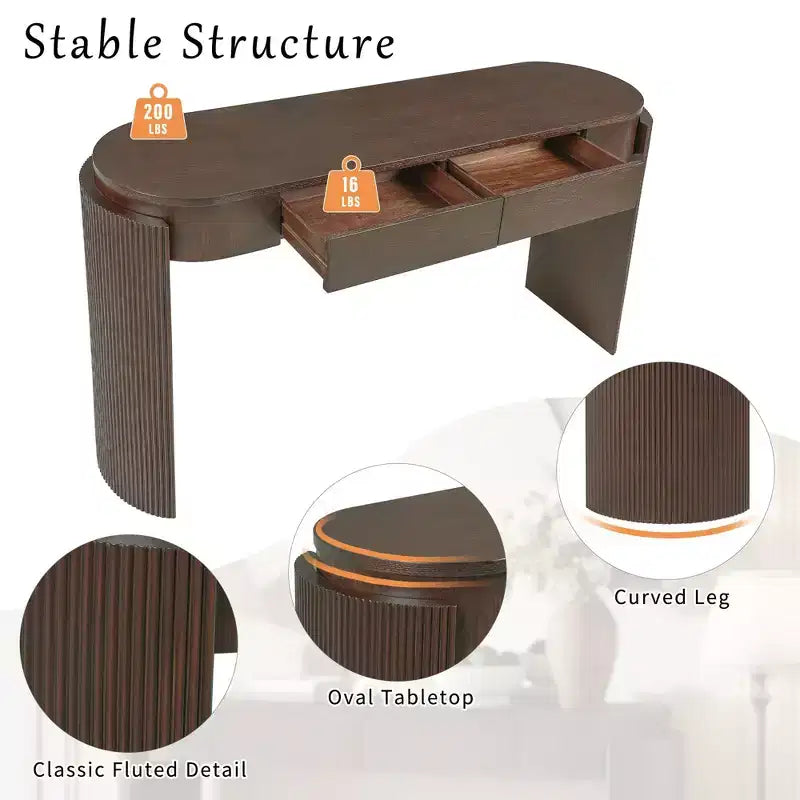 Table d'entrée avec finition grain de bois naturel Console avec design cannelé Plateau ovale et 2 tiroirs pour l'entrée et le salon Noir