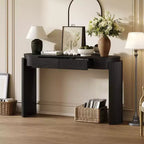Table d'entrée avec finition grain de bois naturel Console avec design cannelé Plateau ovale et 2 tiroirs pour l'entrée et le salon Noir