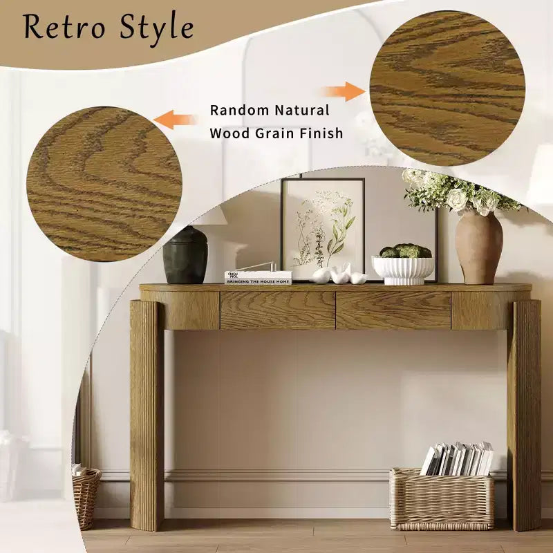 Table d'entrée avec finition grain de bois naturel Console avec design cannelé Plateau ovale et 2 tiroirs pour l'entrée et le salon Noir