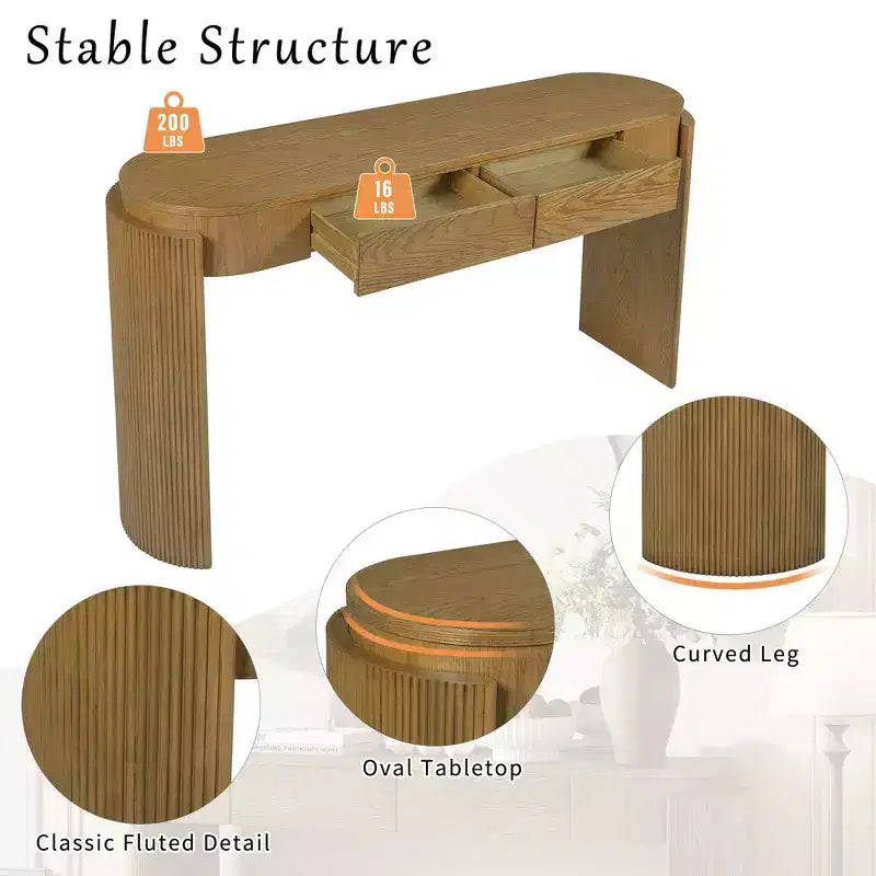 Table d'entrée avec finition grain de bois naturel Console avec design cannelé Plateau ovale et 2 tiroirs pour l'entrée et le salon Noir