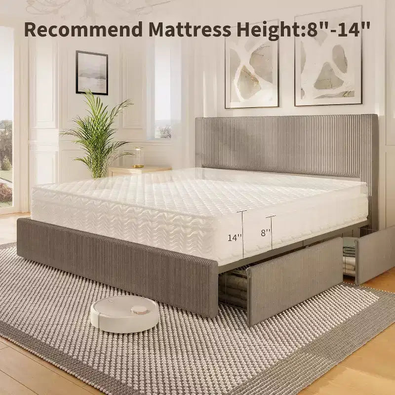 Lit plateforme double/grand lit/très grand lit avec tête de lit capitonnée à oreilles, revêtement en velours côtelé, 4 tiroirs de rangement, lattes en bois, pas besoin de sommier