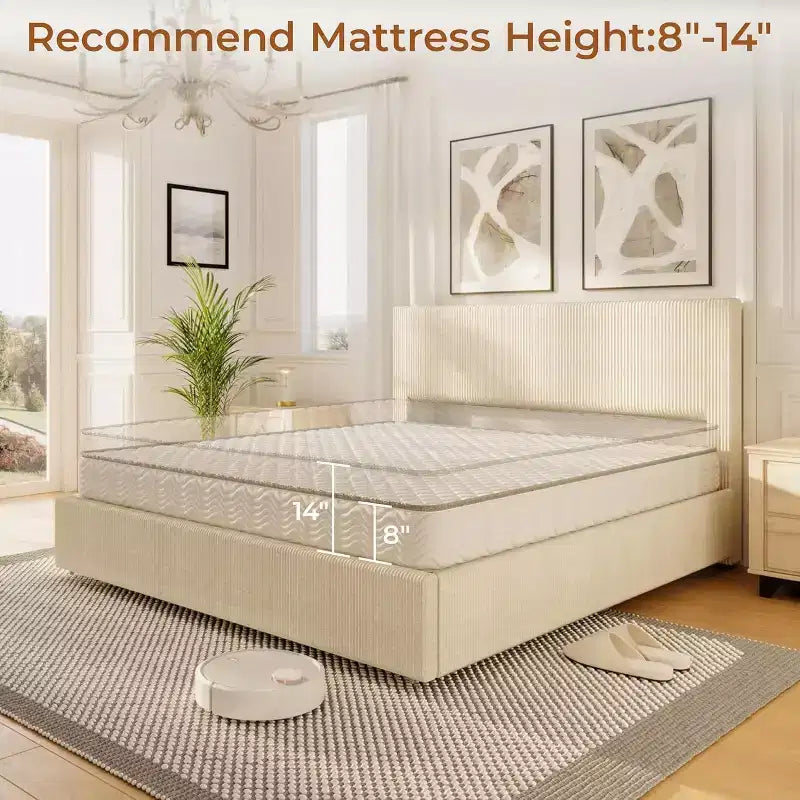 Lit plateforme double/grand lit/très grand lit avec tête de lit capitonnée à oreilles, revêtement en velours côtelé, 4 tiroirs de rangement, lattes en bois, pas besoin de sommier
