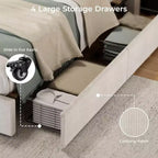 Lit plateforme double/grand lit/très grand lit avec tête de lit capitonnée à oreilles, revêtement en velours côtelé, 4 tiroirs de rangement, lattes en bois, pas besoin de sommier