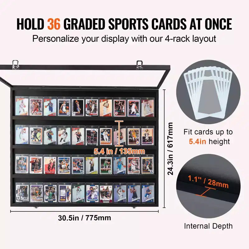 Vitrine à cartes de sport classées VEVOR 36, 77,5x61,7x5,3 cm, cadre de présentation pour cartes de baseball avec protection UV à 98 % et verre PC transparent, noir