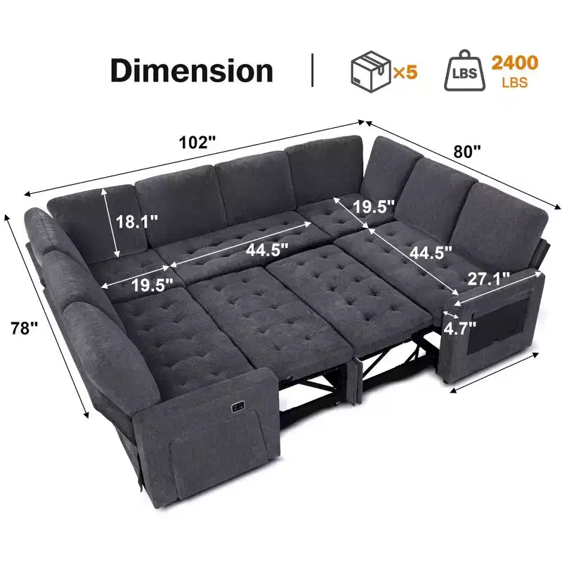 Canapé-lit Dyonery avec lit escamotable/dossier inclinable/ports USB/table/lumière LED/siège de rangement, grand canapé d'angle en U 8 places
