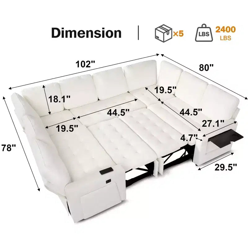 Canapé-lit Dyonery avec lit escamotable/dossier inclinable/ports USB/table/lumière LED/siège de rangement, grand canapé d'angle en U 8 places