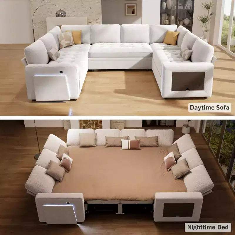 Canapé-lit Dyonery avec lit escamotable/dossier inclinable/ports USB/table/lumière LED/siège de rangement, grand canapé d'angle en U 8 places