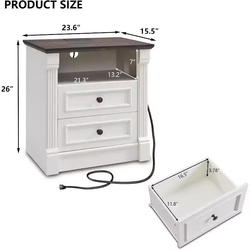 Mastgoal 26 Table de chevet avec station de recharge, table de ferme 23,6 avec étagère ouverte et 2 tiroirs