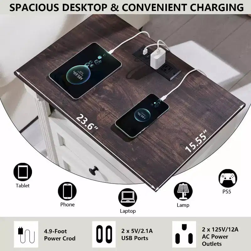 Mastgoal 26 Table de chevet avec station de recharge, table de ferme 23,6 avec étagère ouverte et 2 tiroirs
