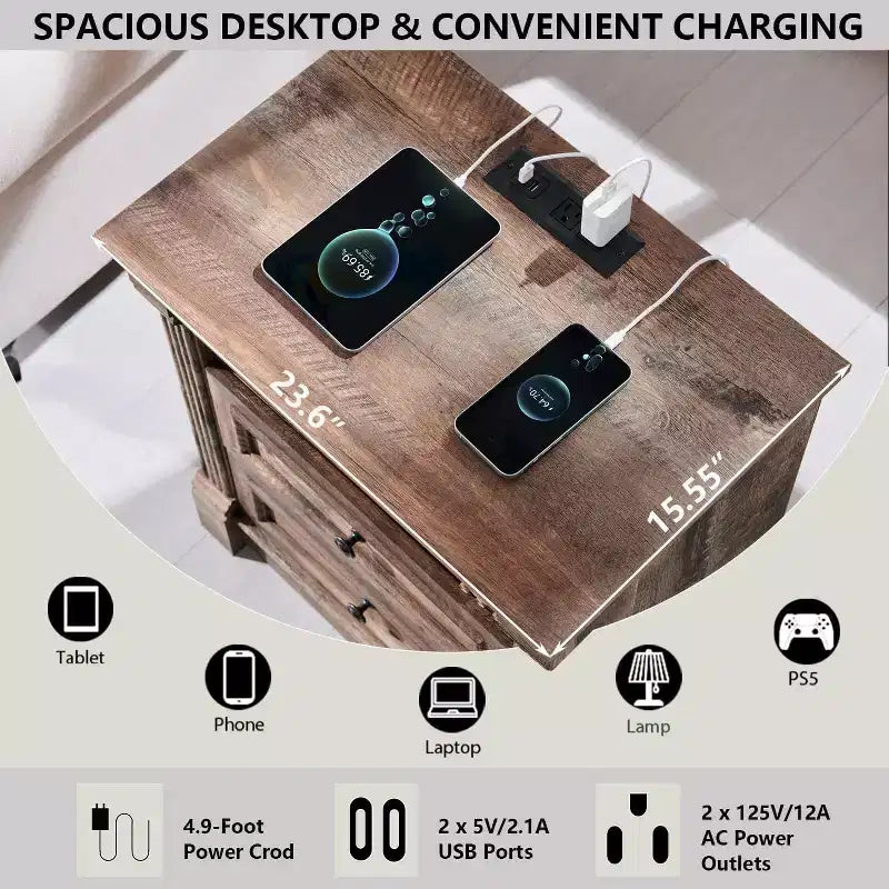 Mastgoal 26 Table de chevet avec station de recharge, table de ferme 23,6 avec étagère ouverte et 2 tiroirs