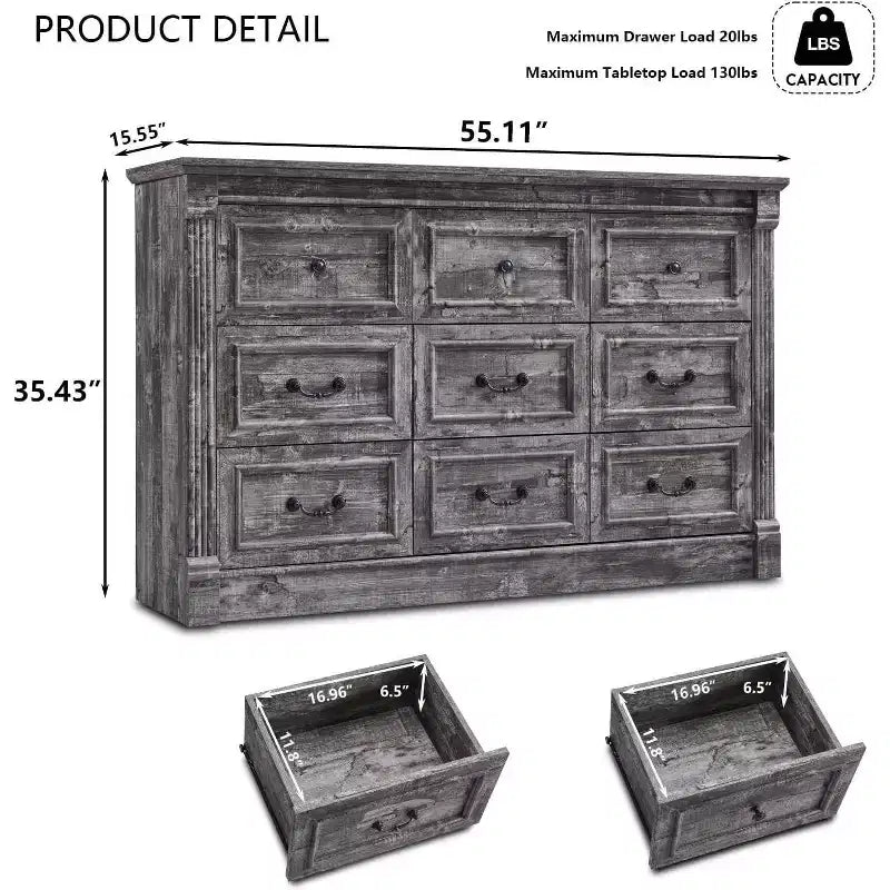 Mastgoal 55 Commode de ferme à 9 tiroirs, grande armoire de rangement rustique en bois avec colonne romaine pour chambre à coucher