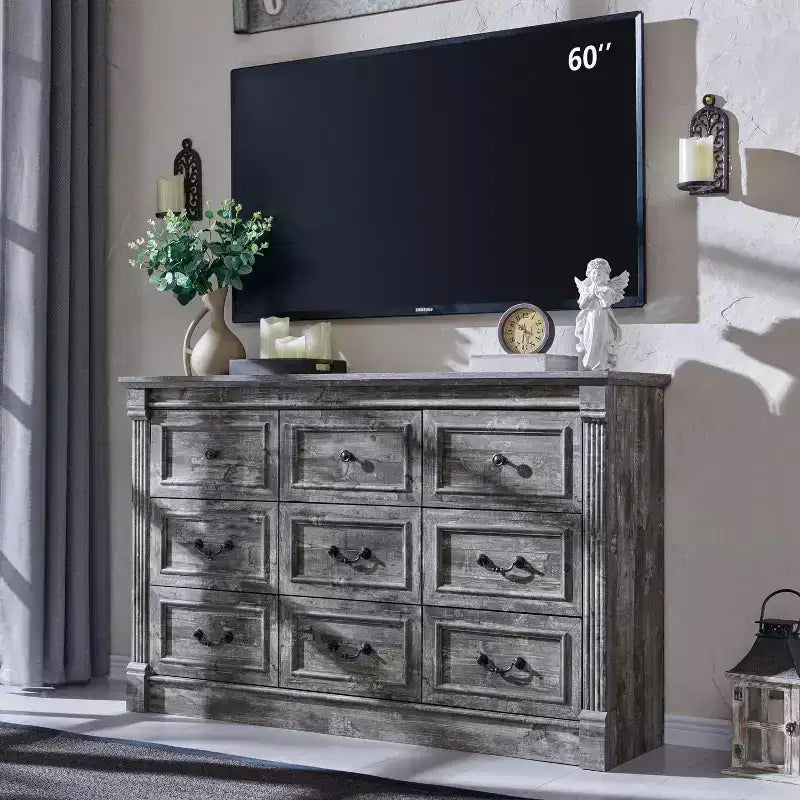 Mastgoal 55 Commode de ferme à 9 tiroirs, grande armoire de rangement rustique en bois avec colonne romaine pour chambre à coucher