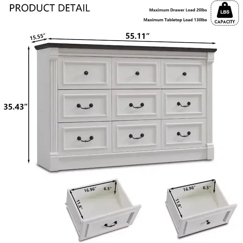 Mastgoal 55 Commode de ferme à 9 tiroirs, grande armoire de rangement rustique en bois avec colonne romaine pour chambre à coucher