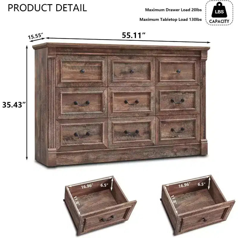 Mastgoal 55 Commode de ferme à 9 tiroirs, grande armoire de rangement rustique en bois avec colonne romaine pour chambre à coucher