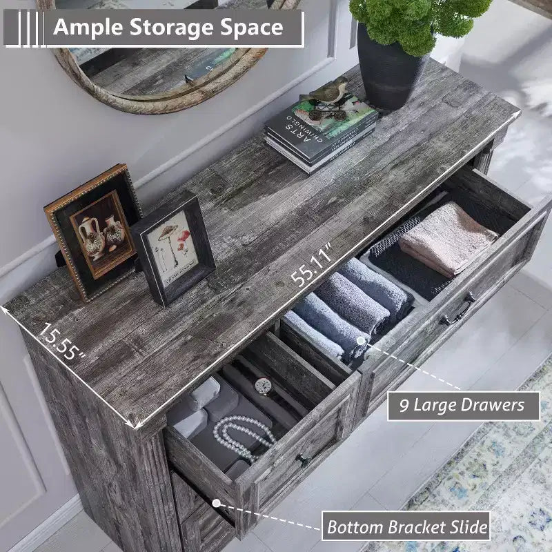Mastgoal 55 Commode de ferme à 9 tiroirs, grande armoire de rangement rustique en bois avec colonne romaine pour chambre à coucher