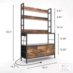 Étagère de Boulanger 5 Niveaux Autoportante avec Prise Électrique, Étagère de Cuisine avec Tiroirs + Crochets, pour Four, Machine à Pain, Extracteur de Jus, Rangement Épices/Bocaux
