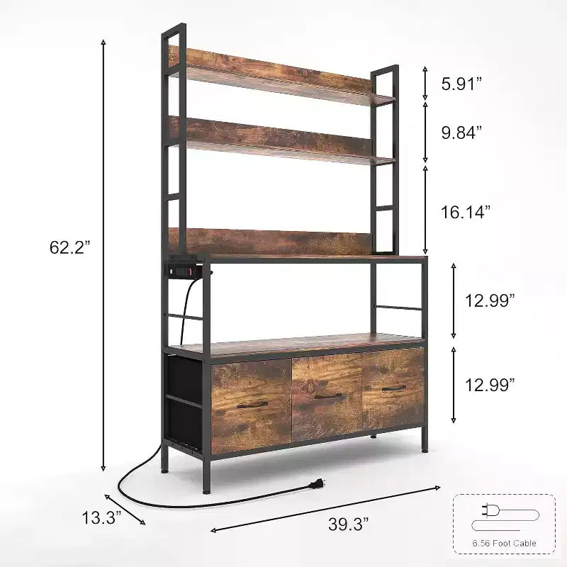 Étagère de Boulanger 5 Niveaux Autoportante avec Prise Électrique, Étagère de Cuisine avec Tiroirs + Crochets, pour Four, Machine à Pain, Extracteur de Jus, Rangement Épices/Bocaux