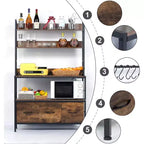 Étagère de Boulanger 5 Niveaux Autoportante avec Prise Électrique, Étagère de Cuisine avec Tiroirs + Crochets, pour Four, Machine à Pain, Extracteur de Jus, Rangement Épices/Bocaux