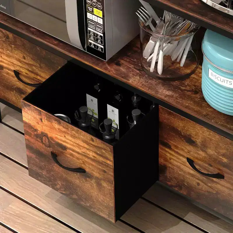 Étagère de Boulanger 5 Niveaux Autoportante avec Prise Électrique, Étagère de Cuisine avec Tiroirs + Crochets, pour Four, Machine à Pain, Extracteur de Jus, Rangement Épices/Bocaux