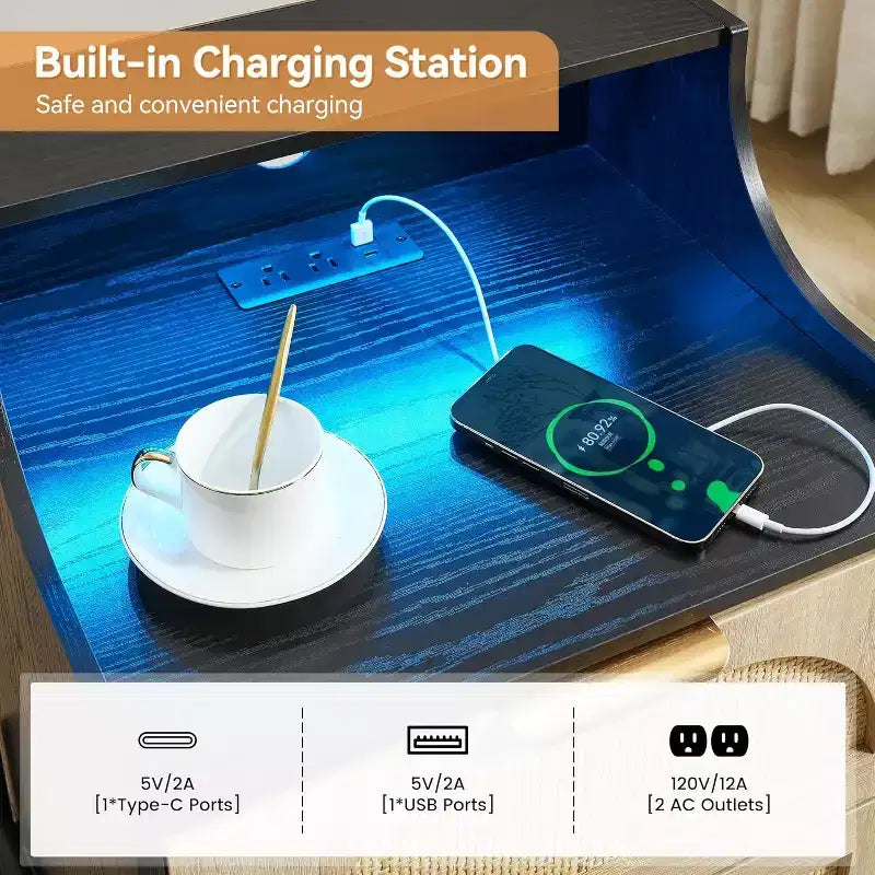 DobleePy Table de chevet en rotin avec station de charge et lumières LED, table de chevet à 2 tiroirs, table d'appoint de rangement pour chambre, salon, noir