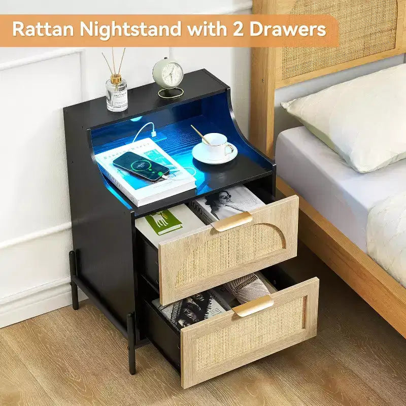 DobleePy Table de chevet en rotin avec station de charge et lumières LED, table de chevet à 2 tiroirs, table d'appoint de rangement pour chambre, salon, noir