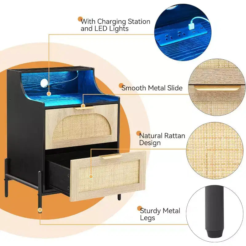 DobleePy Table de chevet en rotin avec station de charge et lumières LED, table de chevet à 2 tiroirs, table d'appoint de rangement pour chambre, salon, noir