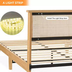 Lit King en rotin, tête de lit en rotin naturel avec lumières LED, cadre de lit plateforme silencieux avec pieds et lattes en bois
