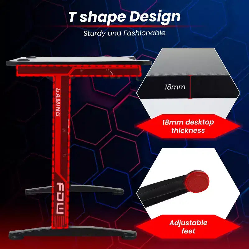 BestMassage Bureau d'ordinateur de 47 pouces, bureau de gaming, bureau d'écriture, bureau en T, bureau de PC avec porte-gobelet intégré, Rouge