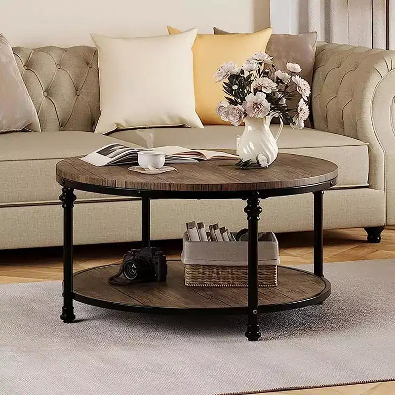 Table basse ronde, table basse avec étagère de rangement, table basse avec pieds métalliques robustes, style rétro